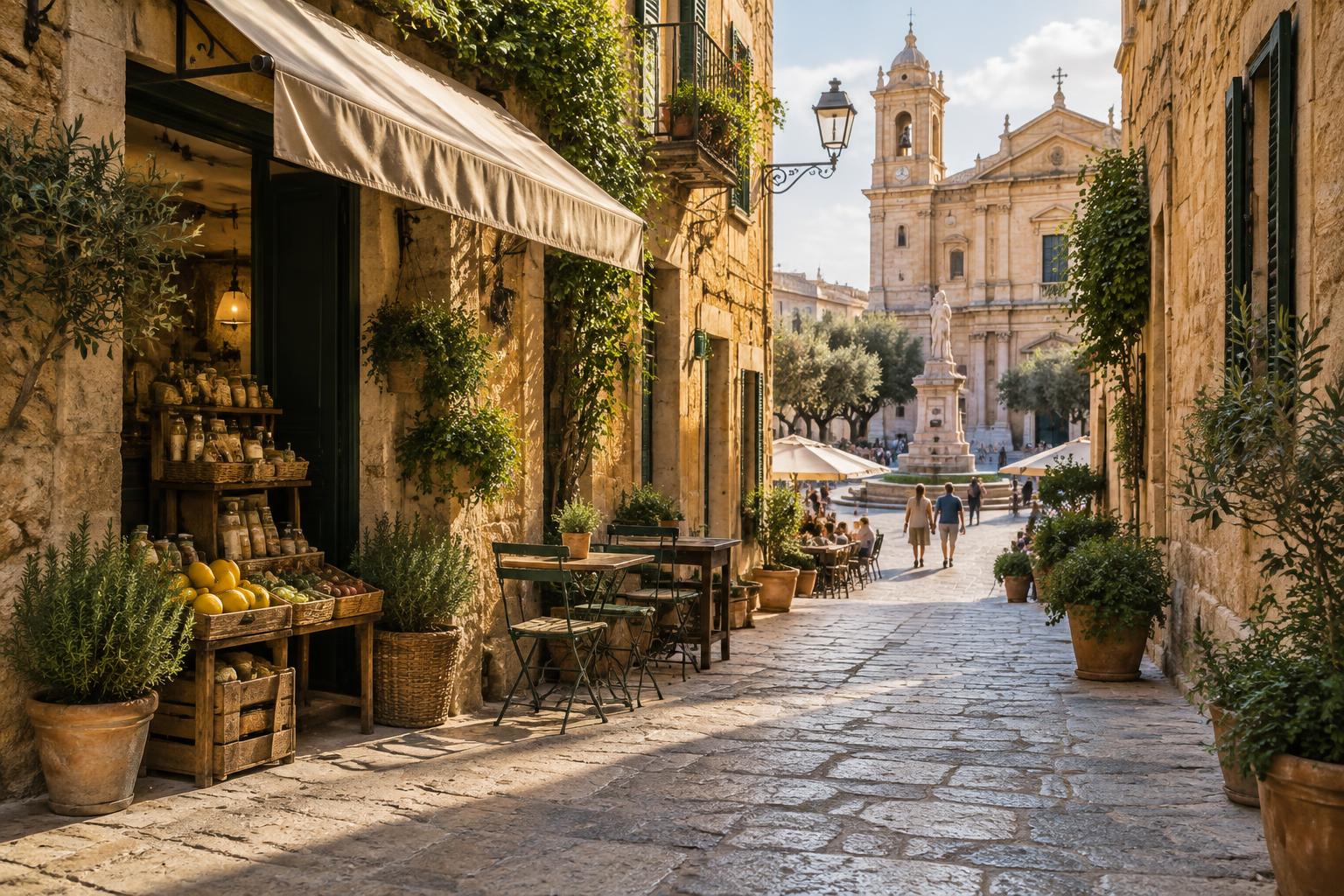 A stone lane opening onto a sunlit Mediterranean square