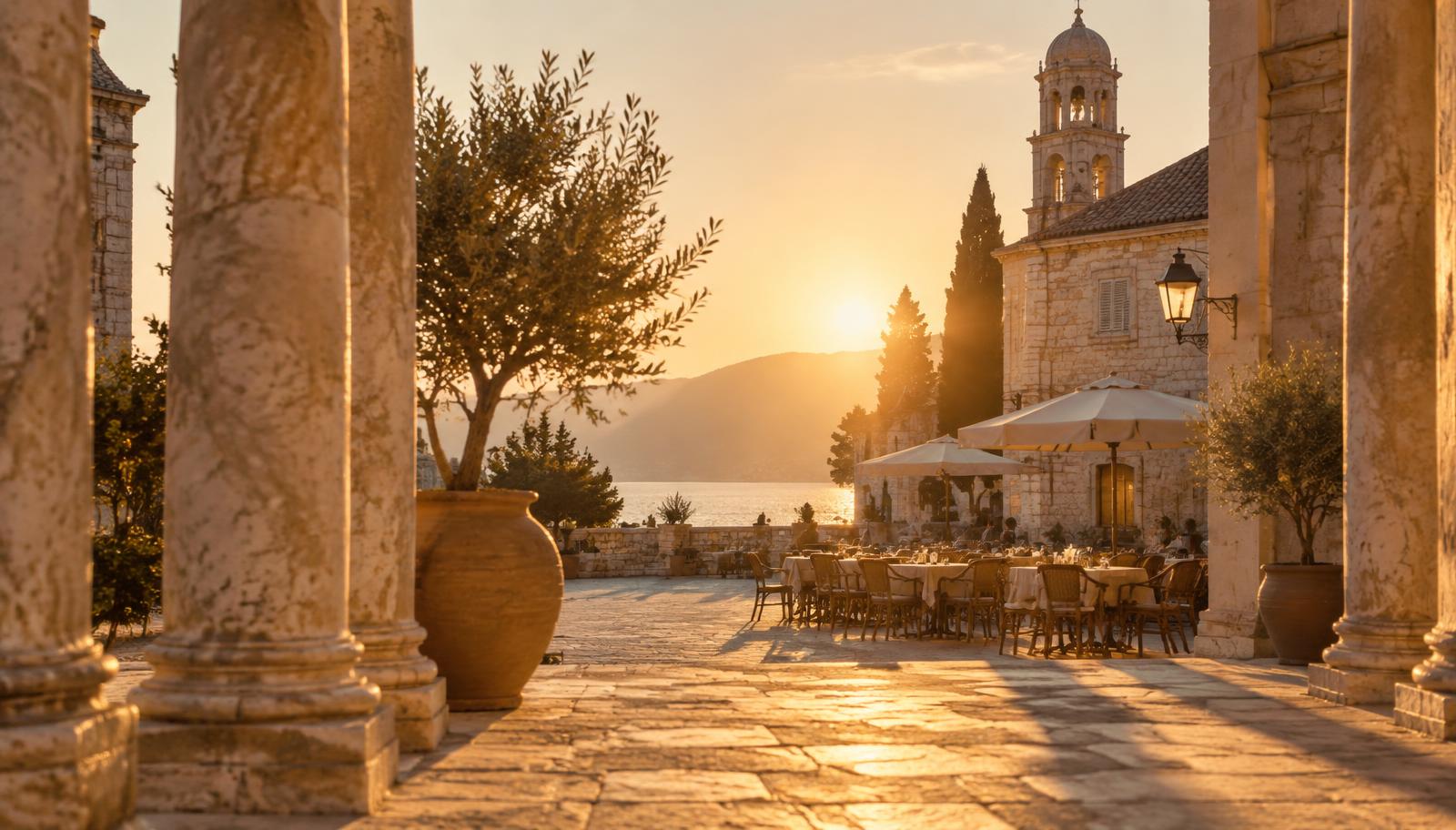 A sunlit Mediterranean stone plaza with olive trees and cafe tables at golden hour