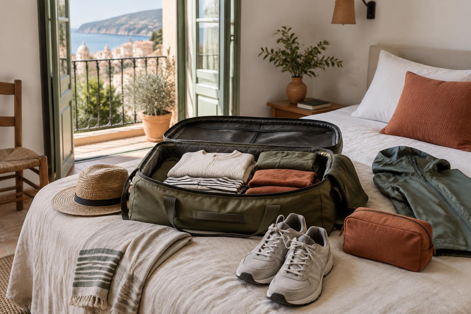 A compact travel bag packed neatly in a bright guesthouse room