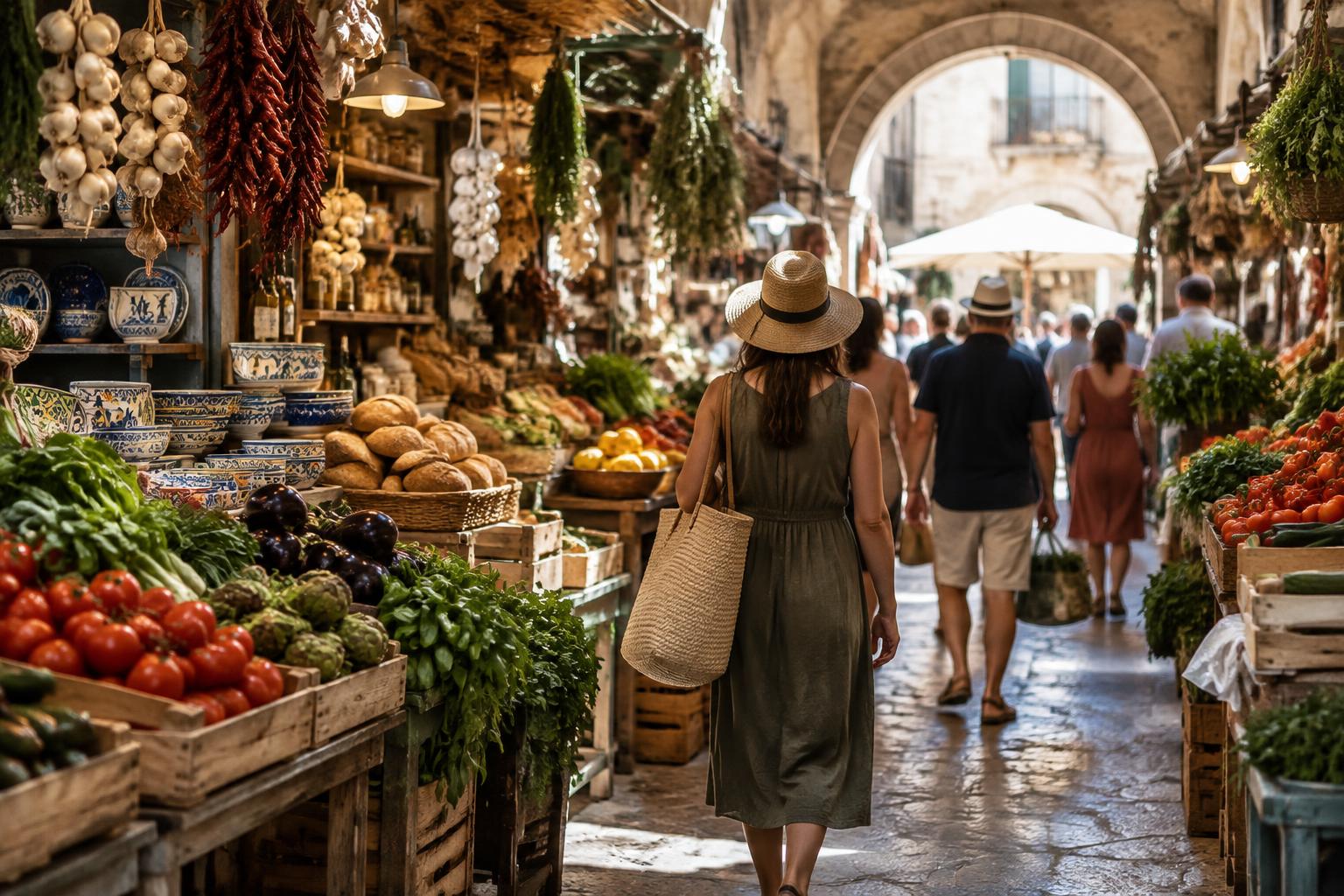 A covered produce market filled with vegetables, bread and herbs