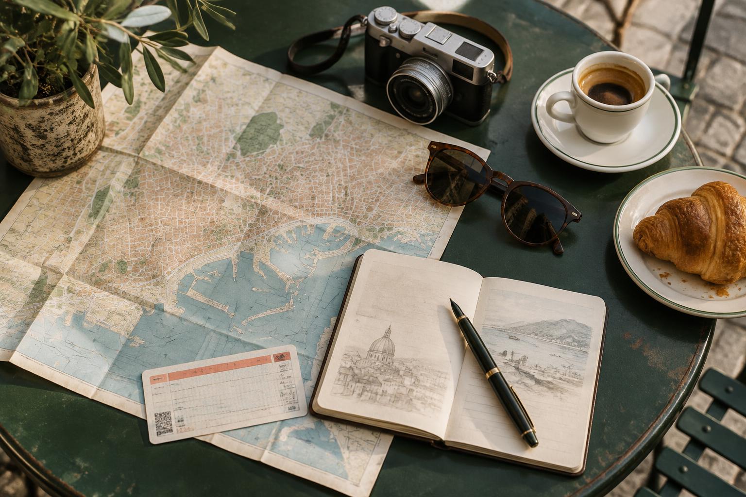 A city map, notebook and camera arranged on a cafe table